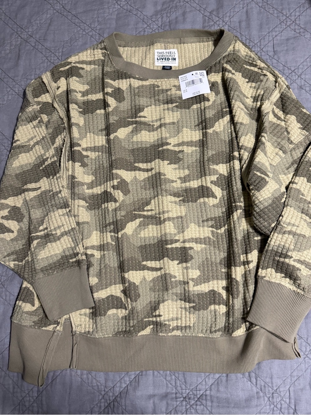 Oversized Olive Camo Waffle Crewneck Sweater